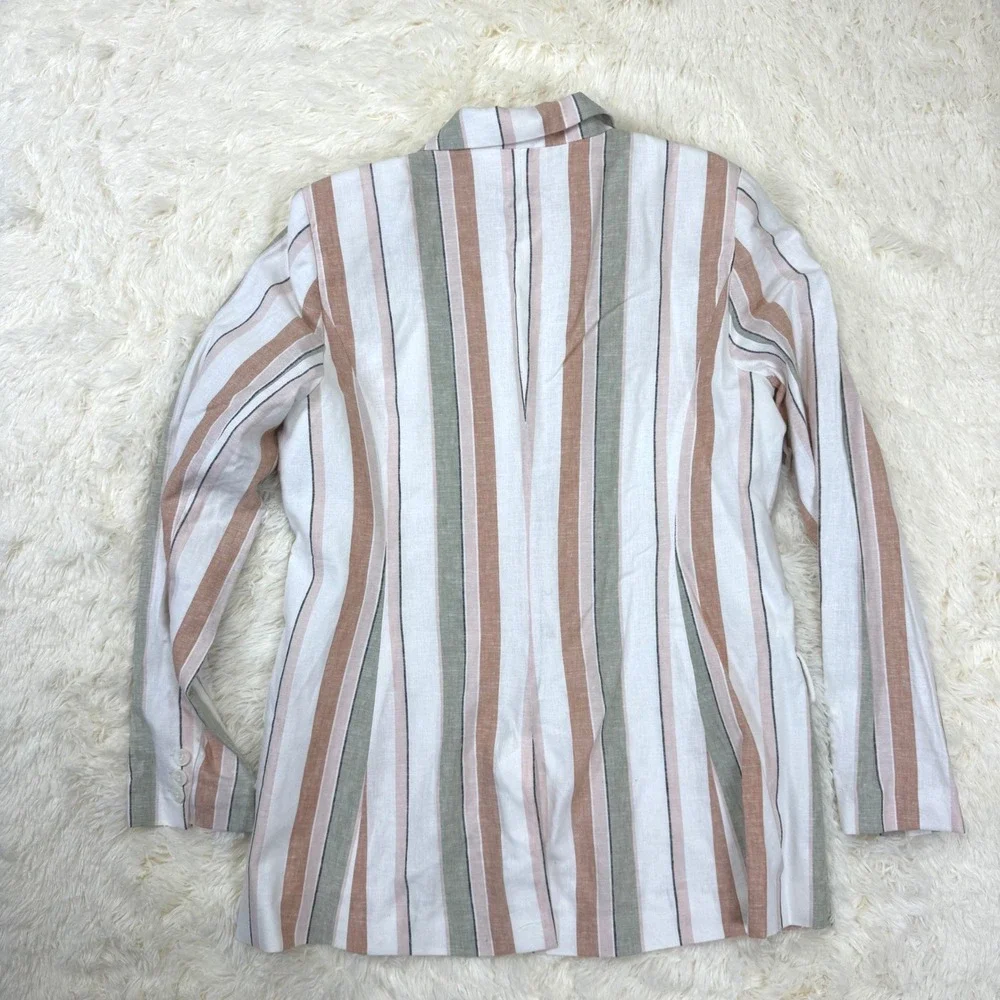 Rachel Zoe Blazer Womens Large White Striped Linen Blend Single Button Jacket
